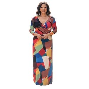 Locryz Bright Multicolored Geometric Maxi Dress 3/4 Sleeves L Faux Wrap Colorful